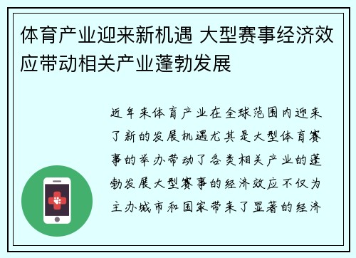 体育产业迎来新机遇 大型赛事经济效应带动相关产业蓬勃发展 体育产业迎来新机遇 大型赛事经济效应带动相关产业蓬勃发展