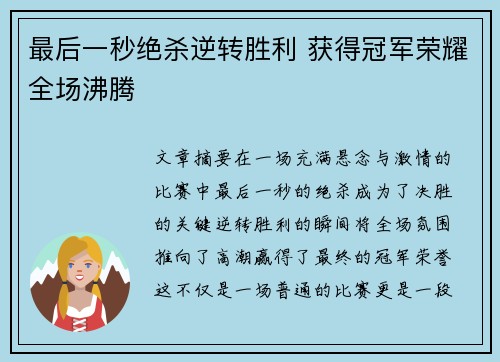 最后一秒绝杀逆转胜利 获得冠军荣耀全场沸腾 最后一秒绝杀逆转胜利 获得冠军荣耀全场沸腾
