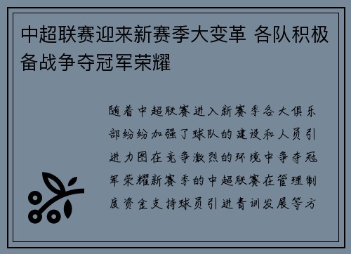 中超联赛迎来新赛季大变革 各队积极备战争夺冠军荣耀 中超联赛迎来新赛季大变革 各队积极备战争夺冠军荣耀