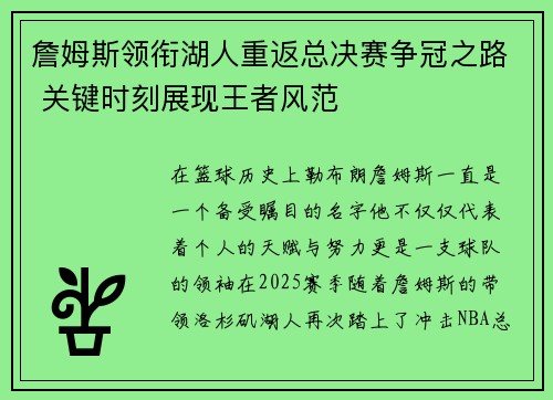 詹姆斯领衔湖人重返总决赛争冠之路 关键时刻展现王者风范