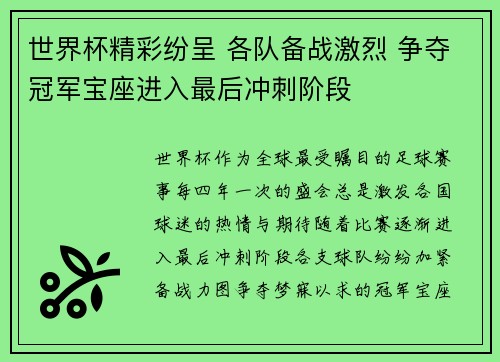 世界杯精彩纷呈 各队备战激烈 争夺冠军宝座进入最后冲刺阶段 世界杯精彩纷呈 各队备战激烈 争夺冠军宝座进入最后冲刺阶段